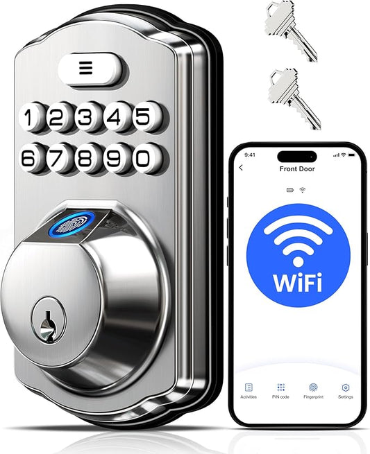 Veise VE012W Built-in WiFi Fingerprint Smart Lock, App Remote Control, No Hub Needed, Keyless Entry, Front Door Smart Deadbolt, Digital Keypad, Auto Lock, IP55 Waterproof, BHMA Grade 3, Satin Nickel