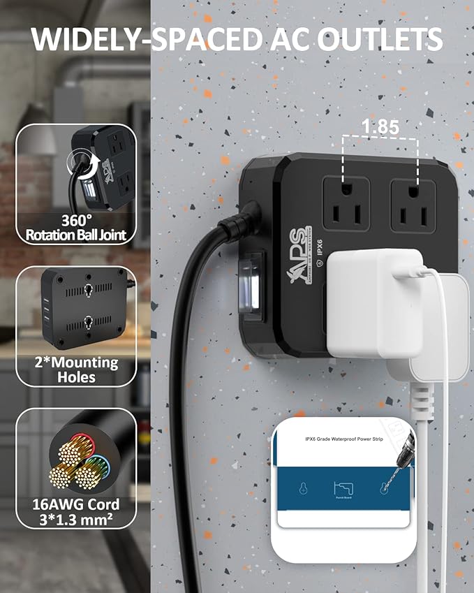 Outdoor Power Strip Weatherproof, Waterproof Surge Protector with 4 Wide Outlet with 3 USB Ports, 10FT Extension Cord,1875W Overload Protection,Outlet Extender for Christmas Lights ETL Listed Black