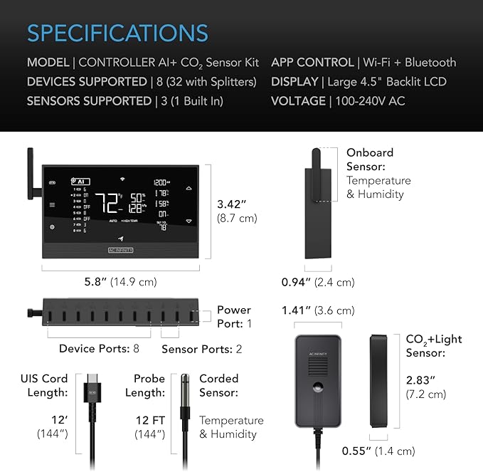 AC Infinity Controller AI+ with CO2 Sensor Bundle – AI-Powered Learning, CO2 Data Tracking for Gardens & Grow Tents, Temp, Humidity, & VPD Monitoring for Dynamic Level Adjusting, Bluetooth & WiFi App
