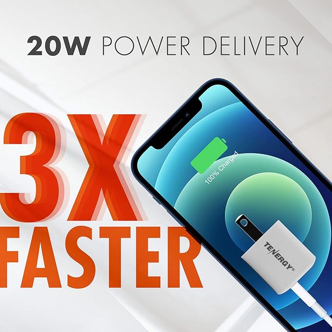 Tenergy USB-C Charger with PD 20W, Fast Charging iPhone 12/12 Mini / 12 Pro Max / 11, Galaxy, Pixel 4/3, iPad Pro (Cable not Included)