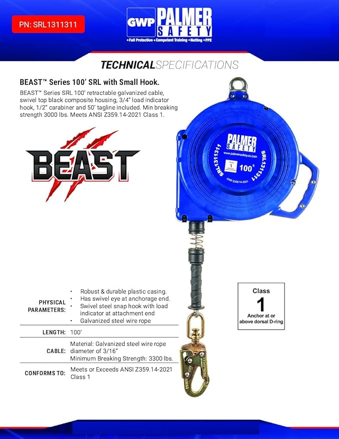 Palmer Safety SRD 100 FT. Self Retracting Lifeline I SRL Device Swivel Top Galvanized Cable With Small Steel Snap Hook I OSHA ANSI Industrial Roofing Tool Personal Fall Arrest Protection Safety Yoyo