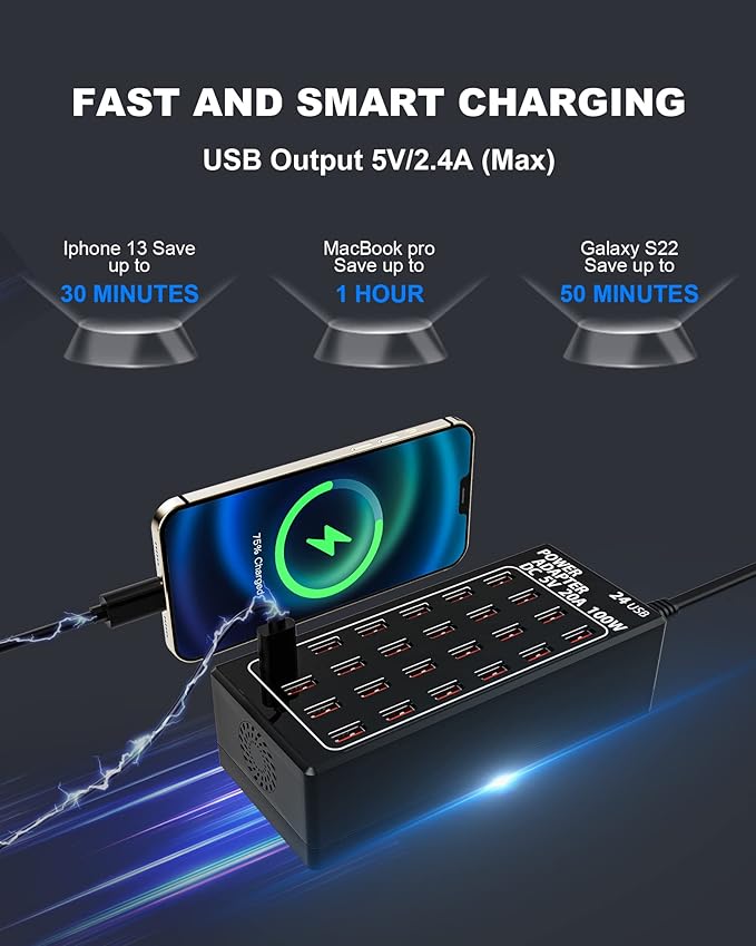 24-Port 100 watt (20 A) USB Charging Station, Travel Desktop USB Rapid Charger, Multi Ports Fast Charger Station Organizer Compatible with Smartphones, Tables, and More Devices