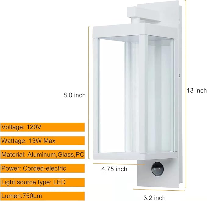 Lustrlach 2 Pack White Outdoor Wall Lights with Motion Sensor,15in LED Exterior Modern Porch Light Fixture IP54 Waterproof Wall Mount Lamp Wired for Outside Garden Front Door Patio