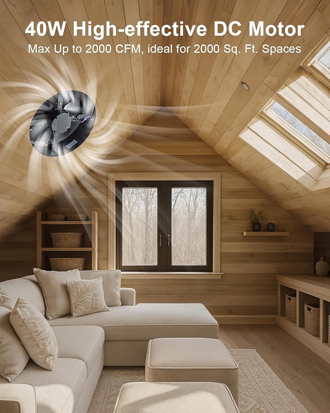 GROWNEER 40W 14" Solar Attic Fan with Smart Thermostat, 2000CFM Solar Powered Attic Fan 24/7 Worktime, Cools up to 2000 Sq.Ft, Waterproof Solar Roof Vent for Attics, Sunrooms, Warehouses, Factories