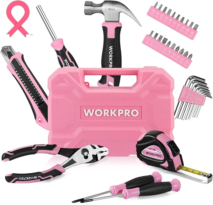 WORKPRO 35-Piece Pink Tools Set, Household Tool Kit with Storage Toolbox, Basic Tool Set for Home, Garage, Apartment, Dorm, New House, Back to School - Pink Ribbon