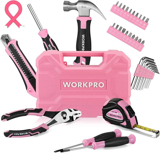 WORKPRO 35-Piece Pink Tools Set, Household Tool Kit with Storage Toolbox, Basic Tool Set for Home, Garage, Apartment, Dorm, New House, Back to School - Pink Ribbon