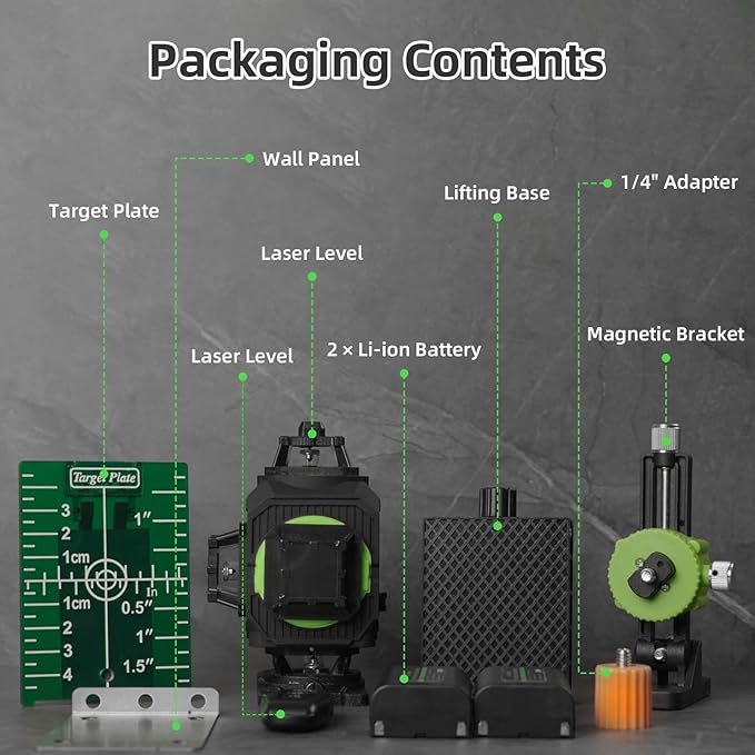 4D Green Laser Level 4 * 360 self-leveling with high brightness cross line three levels adjustable light with 2 * 2400mAh Rechargeable Battery & Hard Carry Case& adjustable metal base mount
