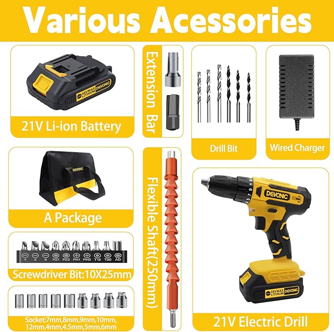 DEVONIC Cordless Drill Set,21V Electric Drill with 1 Lithium Battery and Charger,3/8"Keyless Chuck,25+1 Torque Setting and 28pcs Screwdriver Bits