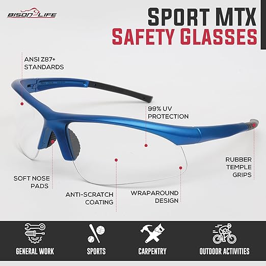 BISON LIFE Sport MTX Clear Safety Glasses with Blue Temple, ANSI Z87+, Impact Resistant, Anti-Scratch UV Protection Lens for Shooting, Yard Work, Cycling, and Outdoor Activities (1 Pack)