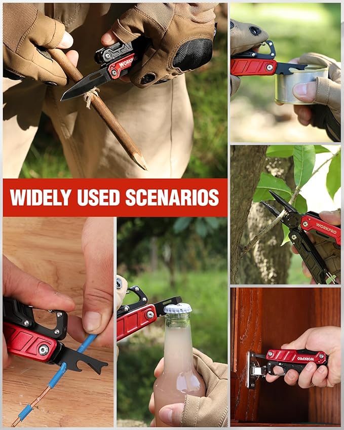 WORKPRO Multitool-11 in 1 Multitool Pliers with Pocket Clip and Sheath-EDC Multi Tool Knives with Safety Lock-Camping Tools Pocket Knife with Screwdriver Saw Blade Wire Cutter and Bottle Opener-Red
