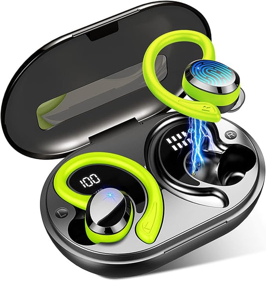 Wireless Earbud, Bluetooth 5.4 Headphones IP7 Waterproof for Sport, 48H Running Wireless Earphones with ENC Noise Cancelling Mic, Deep Bass Over Ear bud with Earhooks for Android, iOS, Workout, Green