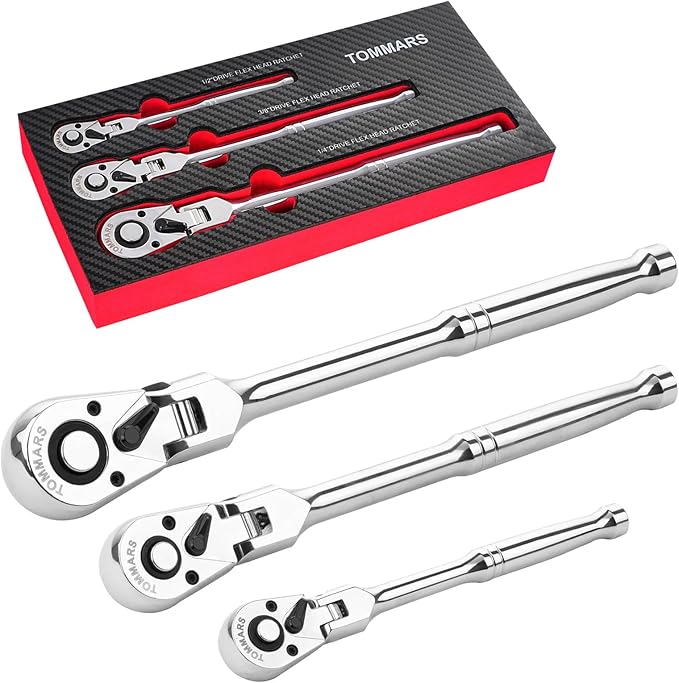 TOMMARS Flex-Head Ratchet Set, 1/4", 3/8", 1/2" Drive Flexible Ratchet Handle Wrench 72-Tooth Quick-Release Reversible