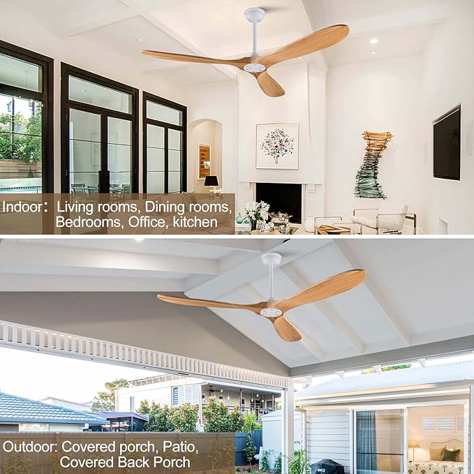 60'' Ceiling Fans Without Light, Solid Wood Ceiling Fan No Light with Remote and 3 Wood Blades,6 Speed DC Motor Indoor Outdoor Ceiling Fans for Patio, Living Room, Bedroom, Office
