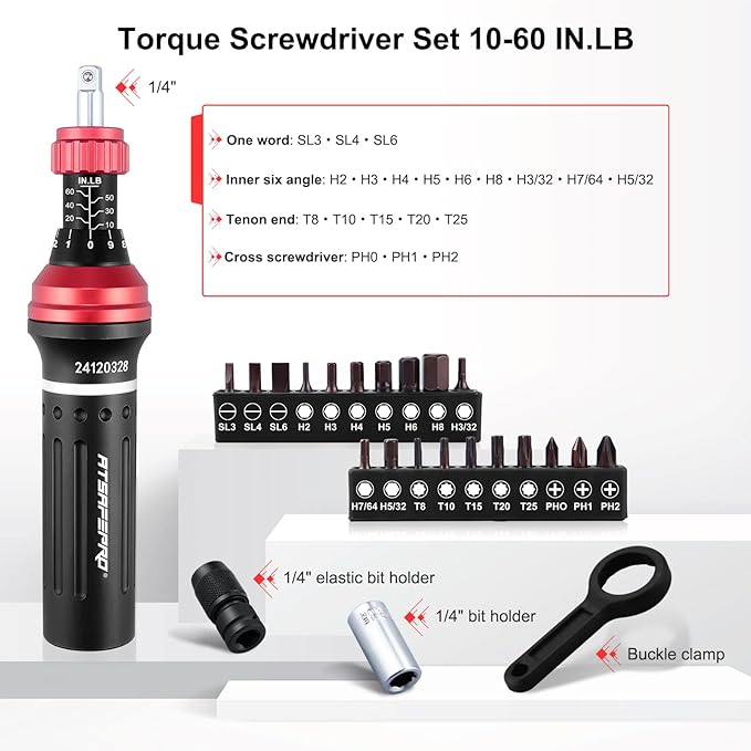 Torque Screwdriver - 10-60 in.lb,21 Pcs Inch Pound Torque Screwdriver Set - 1/4" Elastic Bit Holder and Bit Holder, Buckle Clamp, Flat, Hex, Torx, Philips, Fit for Bicycle, DIY, Tool Maintenance