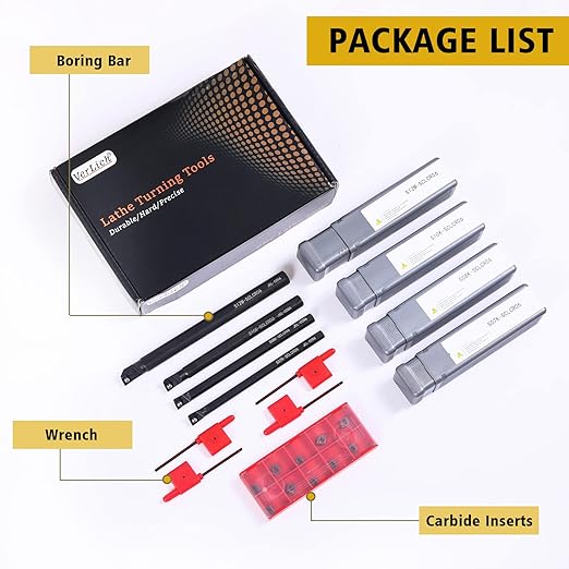 14 Pcs Indexable Lathe Turning Tool Set,4 Pcs Lathe Turning Tool Holder S07K/S08K/S10K/S12M-SCLCR06 and 10Pcs CCM21.51/CCMT060204 Carbide Inserts