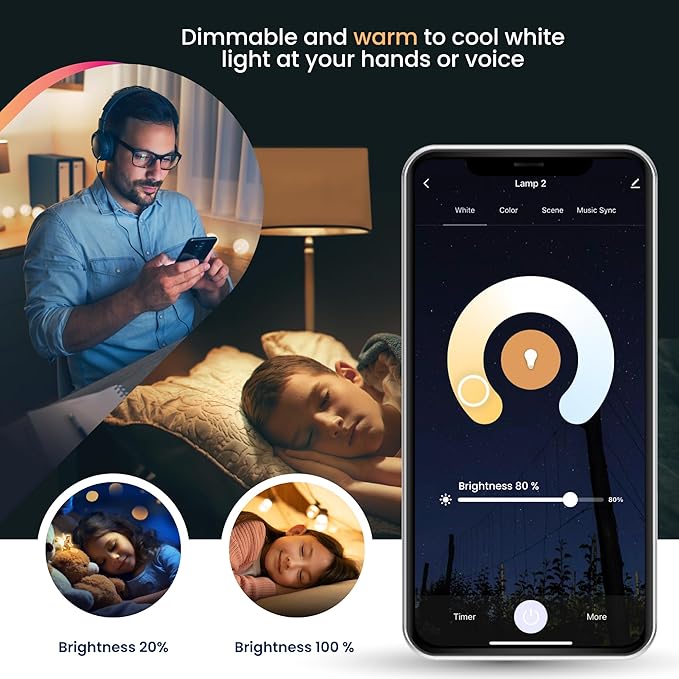 VTA+ Smart Light LED Bulb Kit x2 E27 RGB - WiFi 2.4Ghz only, Alexa and Google Home Compatible, Adjustable Colors & Temperature, Easy Installation and Setup, 9W, 800 Lumens