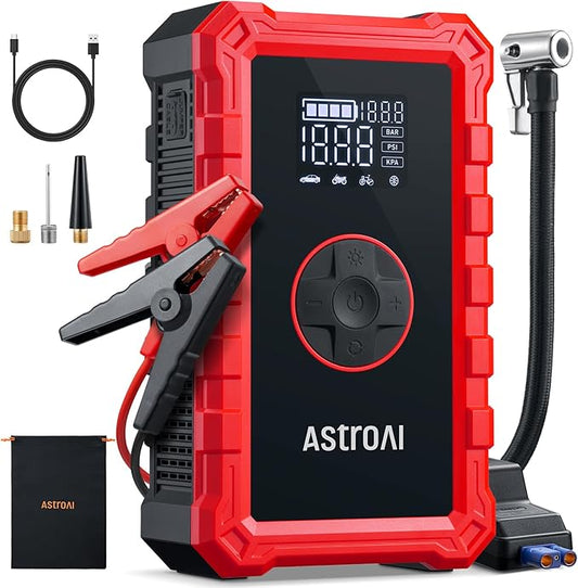 AstroAI S8 Air Jump Starter with Air Compressor, 1500A Peak Car Battery Jump Starter Portable (6.0 Gas/3.0L Diesel) with 150PSI Cordless Auto-Shutoff Tire Inflator, 12V Battery Charger Booster(Red)