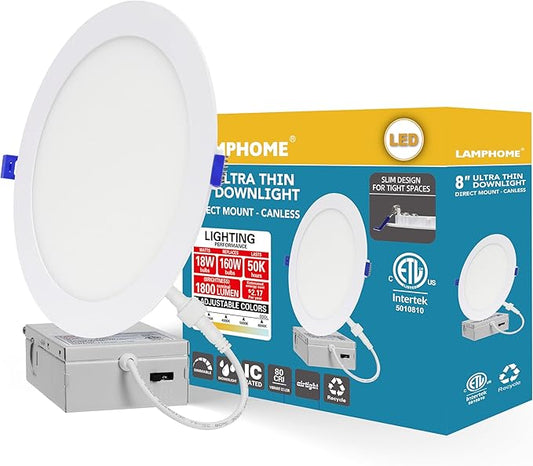 1-Pack of 8-Inch Slim LED Recessed Lights with Junction Box, Adjustable Color Temperatures (2700K-5000K), 18W Equivalent to 125W, Dimmable, 1600LM Brightness - ETL and Energy Star Certified