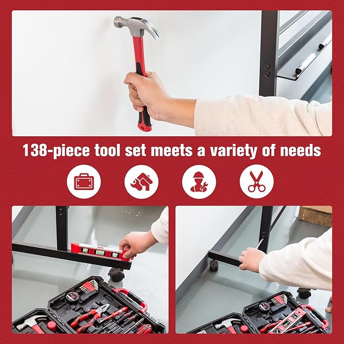 KITLUCK 138-piece Home Tool Kit, Household Hand Repair Tool Set for men, Portable Basic Tool box Set with Tools (Screwdriver, Plier, Wrench, Socket, Harmer, Rule, etc.) for Home and Car