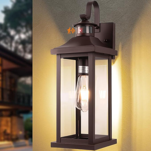 1-Pack 18 Inch Oil Rubbed Bronze Motion Sensor Outdoor Wall Lantern IP65 Waterproof, Large Brown Dusk to Dawn Outdoor Light for House Clear Glass Outside Wall Mounted Lamps Front Door