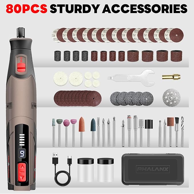 Rotary Tool Kit - 4V Power Rotary Tools, PHALANX Rotary Tool 80PCS Accessories 4000mAh Li-Ion Battery, 9 Speed Adjustment Multi-Purpose Engraver Tool for Wood Cutting Sanding Light-Duty DIY Crafting