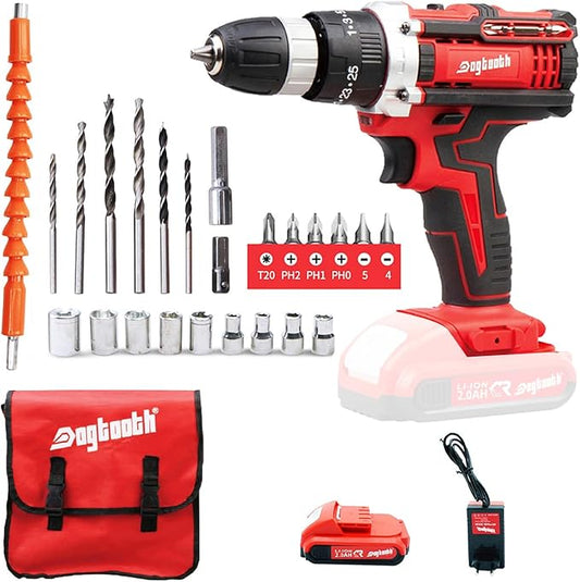 DOGTOOTH 21V MAX Cordless Drill, 1* Battery and Charger, Compatible with Makita 18V Battery, 2 Variable Speed Max 1350 RPM, Build-in LED, 23 Bits, Storage Bag - Red