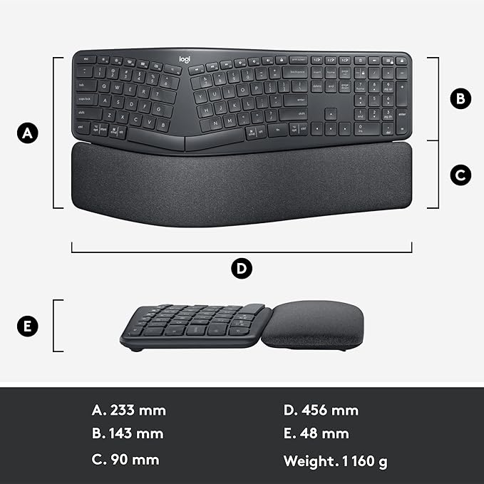 Logitech ERGO K860 Wireless Ergonomic Keyboard - Split Keyboard, Wrist Rest, Natural Typing, Stain-Resistant Fabric, Bluetooth and USB Connectivity, Compatible with Windows/Mac, Black