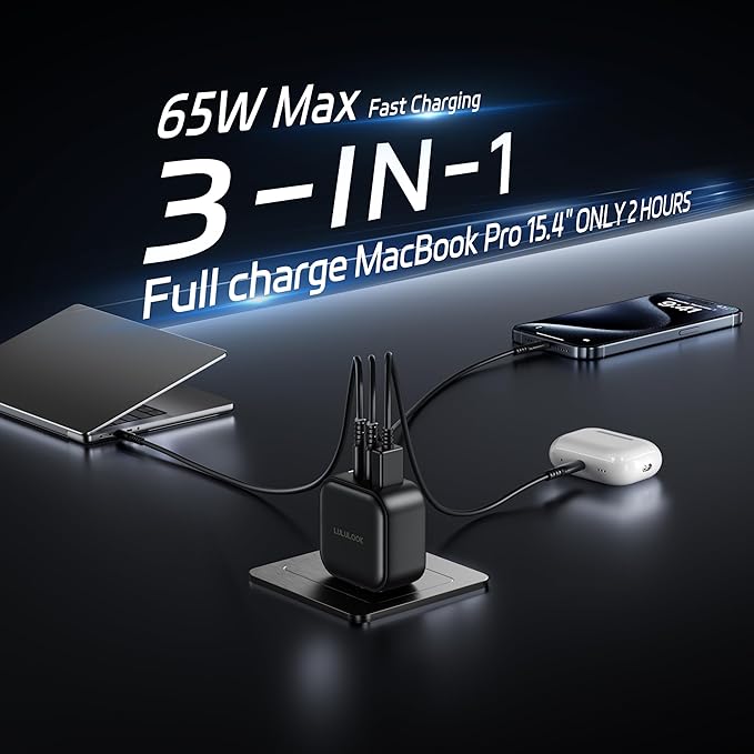 LULULOOK 65W USB C Charger, 3-Port GaN Fast Charger Block, USB Type C Wall Adapter Travel Charger for MacBook Pro/Air, iPad Pro, iPhone 16, Galaxy S24, Surface Laptop, Dell XPS, UK/EU/AU Plug Included