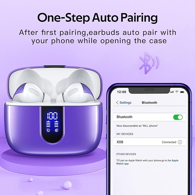 TAGRY 2 Sets X08 Forest Green and Phantom Purple Bluetooth Headphones True Wireless Earbuds 60H Playback Ear Buds with Wireless Charging Case in-Ear Earbuds with Mic