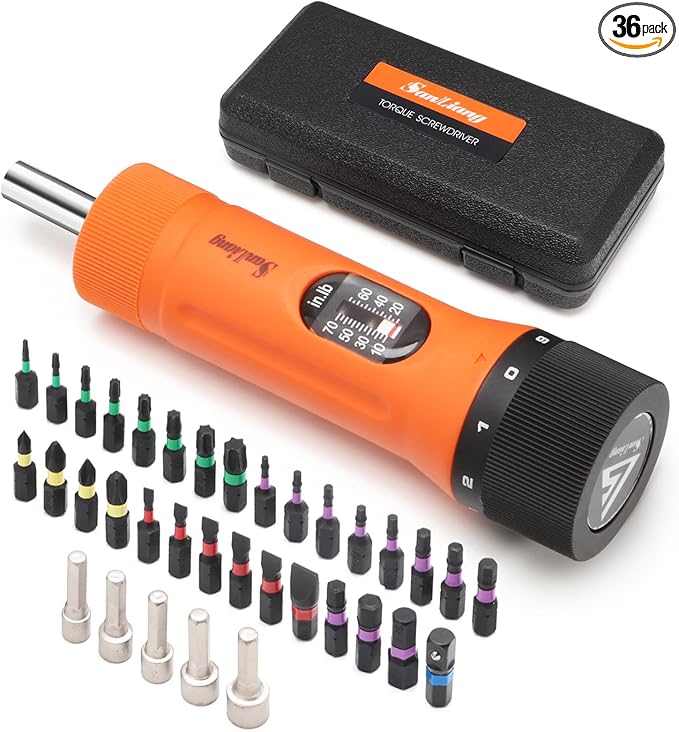 36Pcs Torque Screwdriver Wrench Driver Set 10-70 Inch Pounds lbs with 29 S2 Bits,5 Drive Sockets ,1/4" Socket Adapter for Maintenance,Tools, Bike Repairing and Mounting.