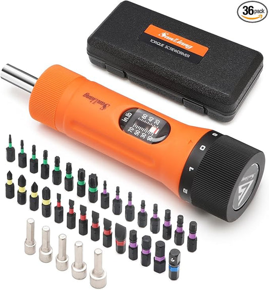 36Pcs Torque Screwdriver Wrench Driver Set 10-70 Inch Pounds lbs with 29 S2 Bits,5 Drive Sockets ,1/4" Socket Adapter for Maintenance,Tools, Bike Repairing and Mounting.