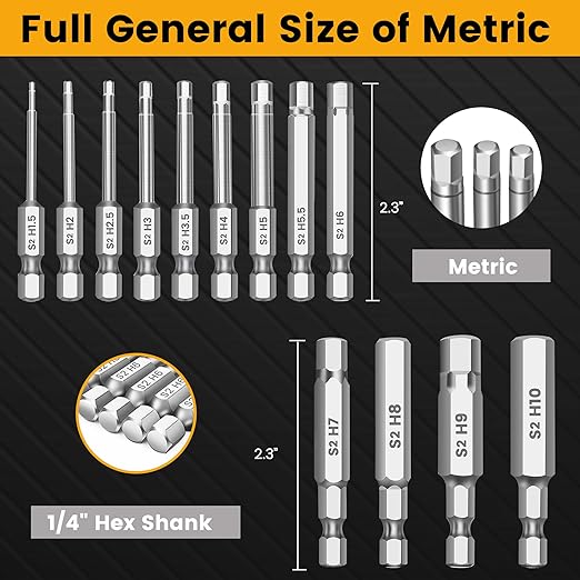 MulWark Hex Head Allen Wrench Drill Bit Set 13pcs Precision Metric S2 Steel – Magnetic Bits with Corrosion Resistance 1/4" Allen Key Bit Set