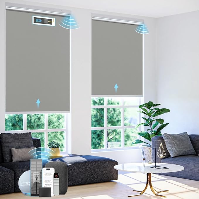 Motorized Blinds with Remote Control【Solar Panel Included】 100% Blackout Smart Roller Blinds Automatic Blinds for Windows Cordless Electric Shades Compatible with Alexa Tin Grey,34" W*72" H