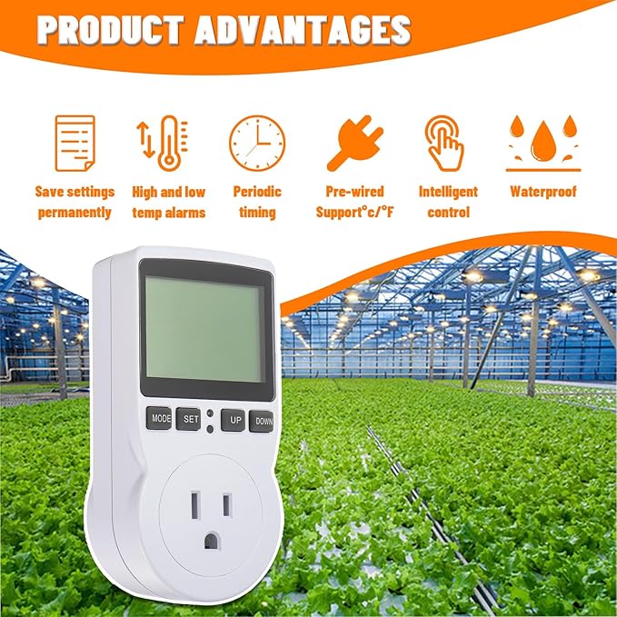 110V Digital Temperature Controller, LCD Screen Heating Cooling Thermostat Outlet Socket with Sensor Timer Regulator for Reptile Incubator Greenhouse Brewing Refrigerator