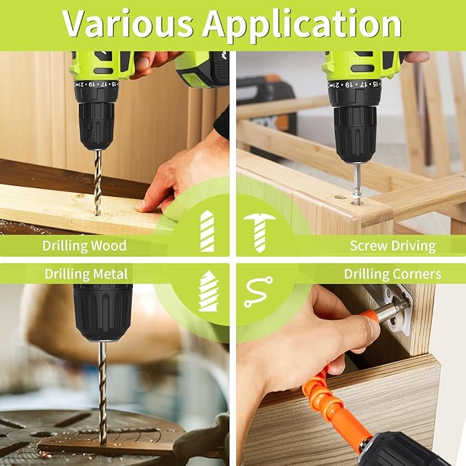 PULITUO'S 20V Cordless Drill/Driver, Electric Screwdriver - 2 Batteries, 30Nm, 21+1 Torque, 2 Speed, Keyless 3/8" Chase Drill with LED Light, Kit for Home (Green)