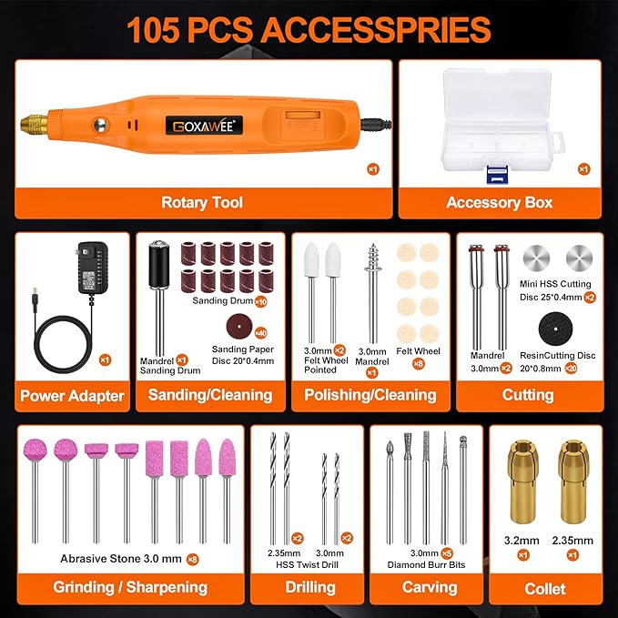 Corded Rotary Tool Kit for Crafts, GOXAWEE Mini Power Tool with Cord, 105pcs Accessories 18000rpm Multi-Purpose Small Grinder Drill Set for Sanding, Polishing, Drilling, Etching, Engraving, DIY Crafts