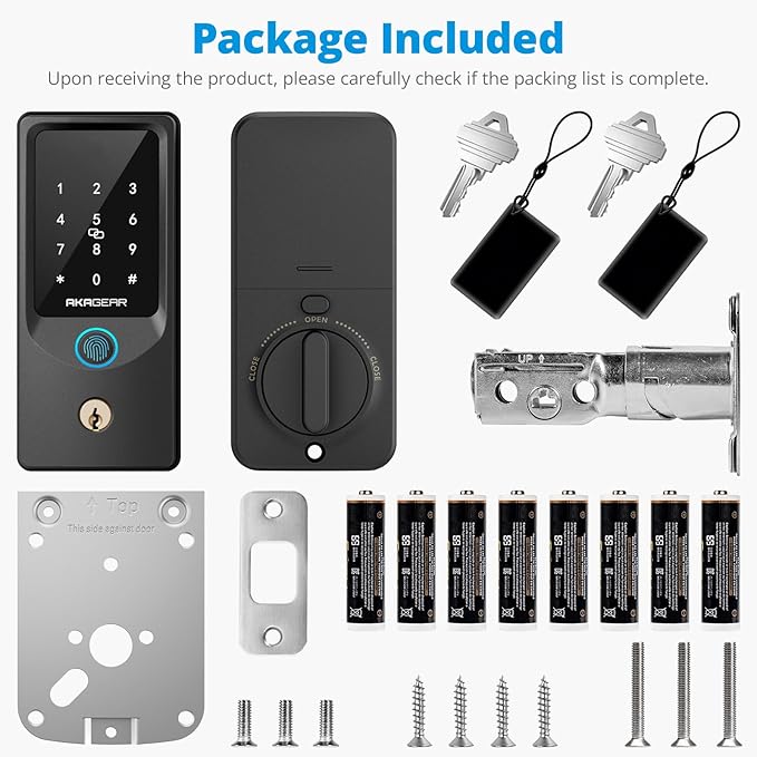 T02 Smart Lock, Keyless Entry Door Lock, Smart Lock for Front Door, Built-in Wi-Fi, App Control, Auto Locking, Fingerprint, Key, Fob Card, PIN Code Unlock, 8xAA Batteries, IP55 Waterproof