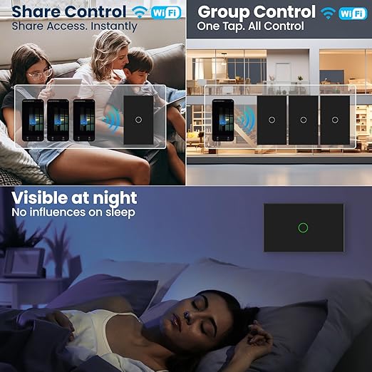 Smart Light Switch 3 Way Need Neutral Wire,FCC Certified,2.4GHz WiFi Switch Glass Panel APP Control Timer Work with Tuya/Smart Life,Alexa and Google Home,Black 1 Gang