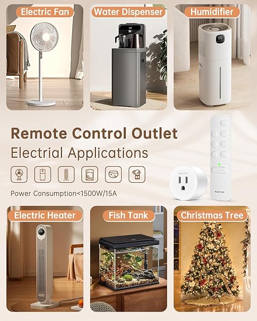 ELECTOP Remote Control Outlet, 15A/1500W Wireless Outlet Power Switch with Countdown Function, No Wire Long Range Electrical Switch Plug On/Off for Small Household Appliance(1 Swicth &3 Outlets)