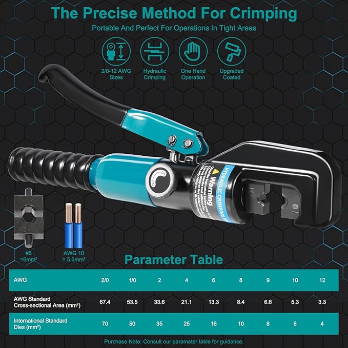 10 Tons Hydraulic Crimping Tool, Hydraulic Crimper for 12 AWG to 2/0 AWG Battery Cable,1/16" 1/8" 3/16" Stainless Steel Cable, Battery Cable Crimper Tool with Cable Cutter & 9 Dies