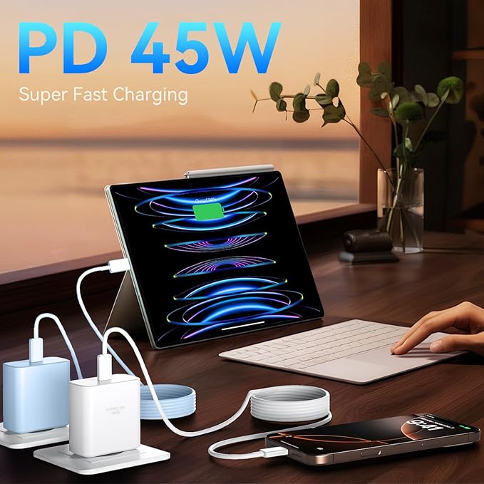Auorld 45W Super Fast USB C Charger Block with 10FT Long Charging Cord Cable for Phone 16 Pro Max/16 Pro/16/16 Plus, 15 Pro Max/15 Pro/15, Android Phone - White&Blue