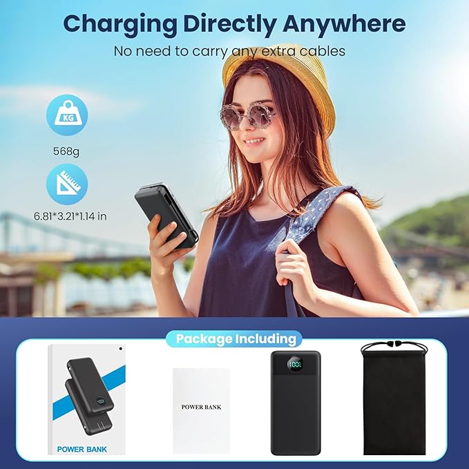 Portable Charger 33800mAh USB C Power Bank with Built-in Cables & AC Wall Plug,25W Fast Charging+QC 4.0 Phone Charger,4 Output LCD Display Battery Pack Compatible with iPhone16/15,Samsung,Android etc