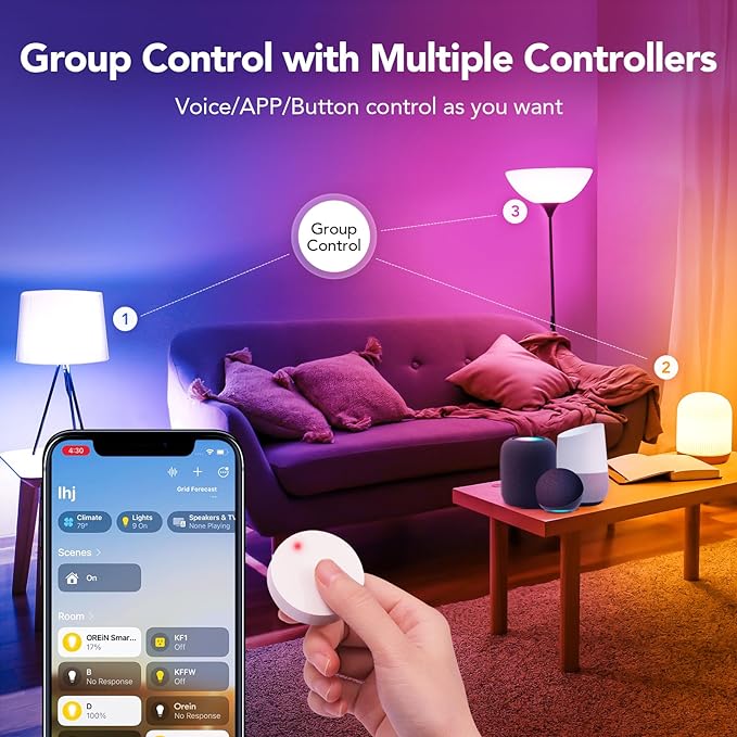 OREiN Matter Smart Light Bulb, BR30 Smart Bulbs with Remote 650LM 60W, Recessed Color Changing Bulbs RGBTW, Smart Flood Light Bulb Compatible with Alexa, Apple Home, Google Home, SmartThings, 4Pack