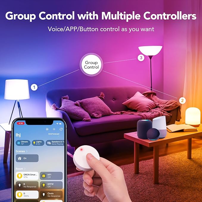 OREiN Matter Smart Light Bulb, Smart Light Bulbs with Remote Control Work with Apple Home, Alexa, Google Home, SmartThings, Color Changing Light Bulbs 2.4Ghz WiFi, 800 Lumens Equivalent 60W 4Pack