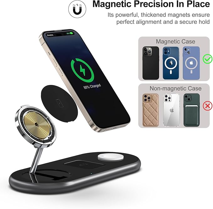 3 in 1 Charging Station for Apple Devices, Faster Mag-Safe Charger Stand, Magnetic Wireless Charger Station for iPhone 16 15 14 13 12 Series, for iWatch Ultra 10 9 8 7 SE 6 5 4 3, for AirPods (Black)