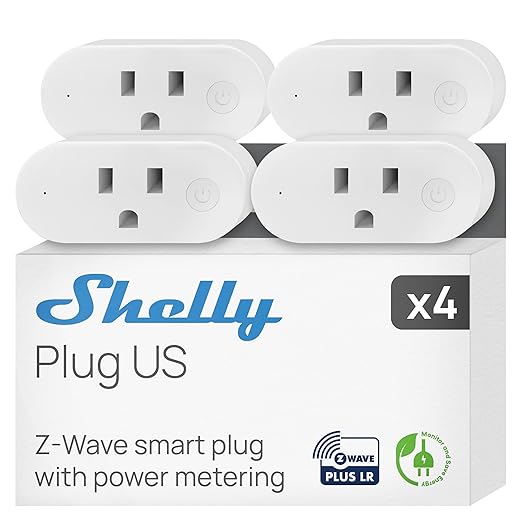 Shelly Wave Plug US LR | Z-Wave Long Range Smart Plug with Power Monitoring 15 A | Home Automation | iOS Android App | Low Power Consumption | Smart Schedules & Scenes | Bulletproof Security (4 Pack)