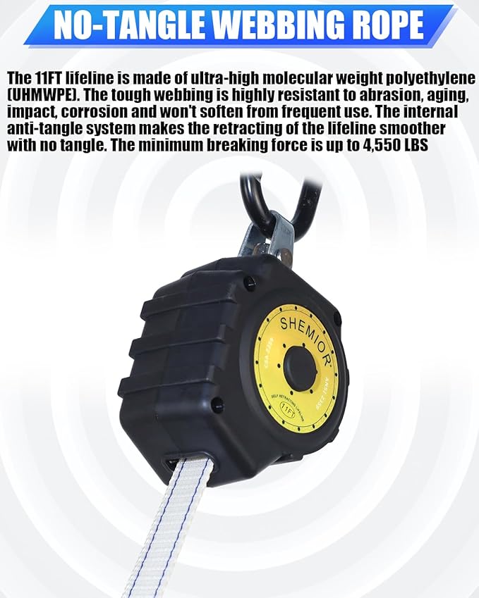 11FT Self Retracting Lifeline, Swivel Top Self Retractable Safety Lanyard, ANSI Lightweight Web SRL, Rebar Hook Fall Arrest Protection Gear