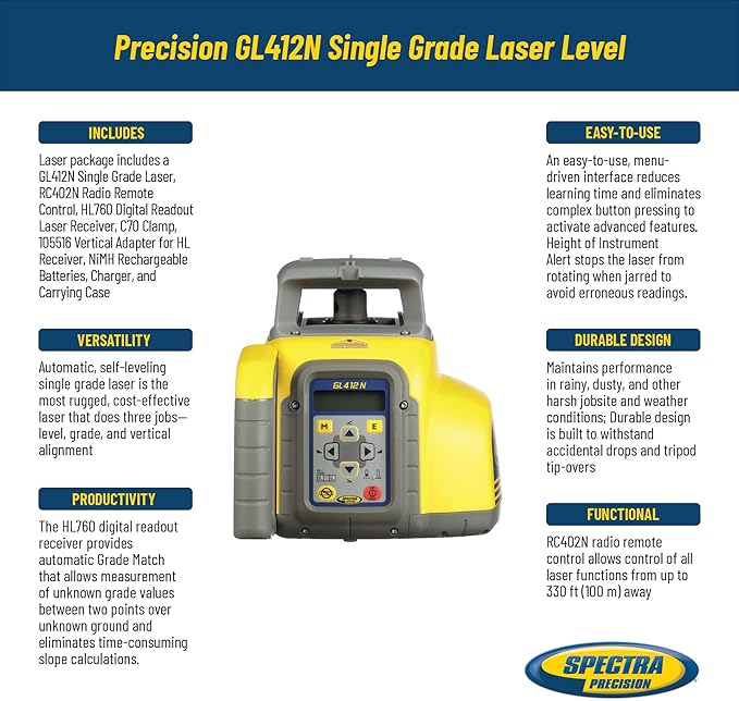 Spectra Precision GL412N Single Grade Laser Level, Automatic Self-Leveling with HL760 Receiver and Clamp, Radio Remote Control, Rechargeable Batteries, Charger, Case