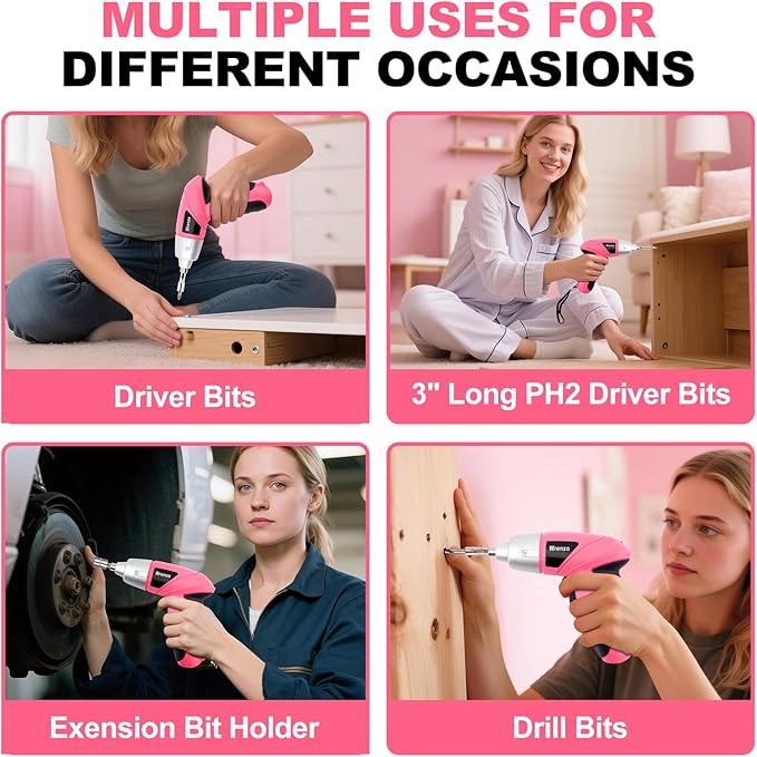 116 Pieces Pink Cordless Electric Screwdriver 3.6V Set Cordless & Rechargeable with Driver Bit Set for women 1500mAh Battery, LED Light for Furniture/Electrical Repairs