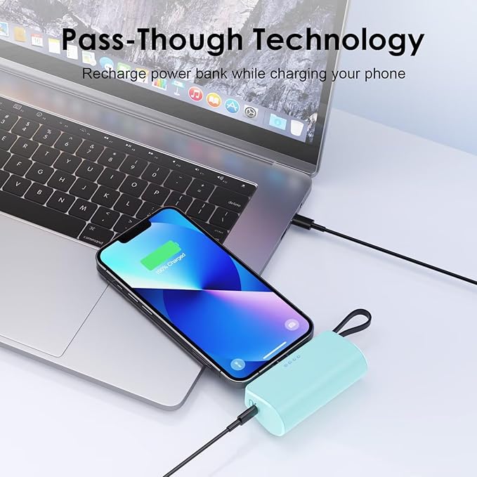 Mini Portable Charger Power Bank for iPhone with Built-in Type-C Cable,5200mAh PD Fast Charging Battery Pack,Compact Phone Charger for iPhone 16/15/14/13/12/11/X/8/7/6,Green